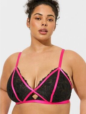Torrid Neon Lights hot pink trim keyhole black lace bralette